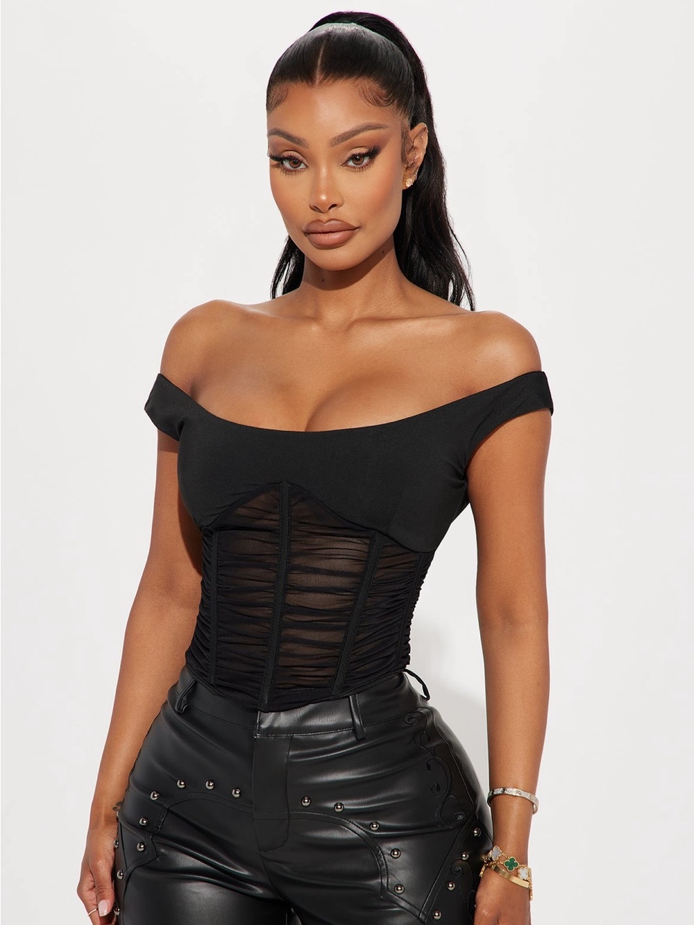 Fashion Nova Black Off-Shoulder Ruched Corset Crop Top